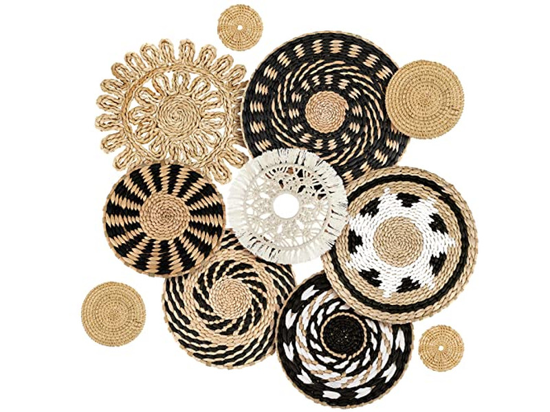 ボーホー織りバスケットウォールデコ 装飾的なフラットバスケット ハンドメイド大型