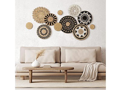 ボーホー織りバスケットウォールデコ 装飾的なフラットバスケット ハンドメイド大型